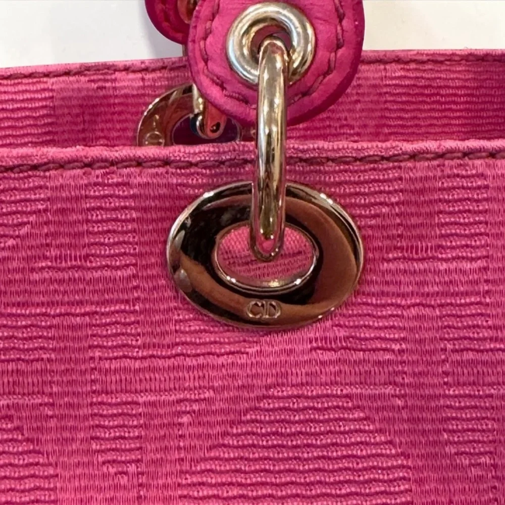 Auth LADY DIOR East West tote bag fushia Pink cannage silk jacquard Handbag RARE